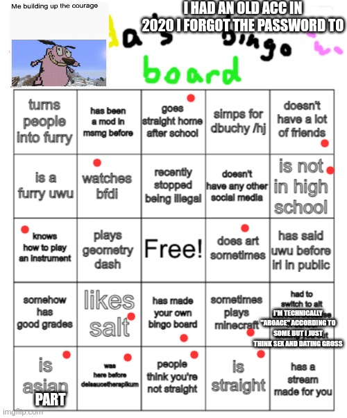 bda bingo board | I HAD AN OLD ACC IN 2020 I FORGOT THE PASSWORD TO; I'M TECHNICALLY "AROACE" ACCORDING TO SOME BUT I JUST THINK SEX AND DATING GROSS; PART | image tagged in bda bingo board | made w/ Imgflip meme maker