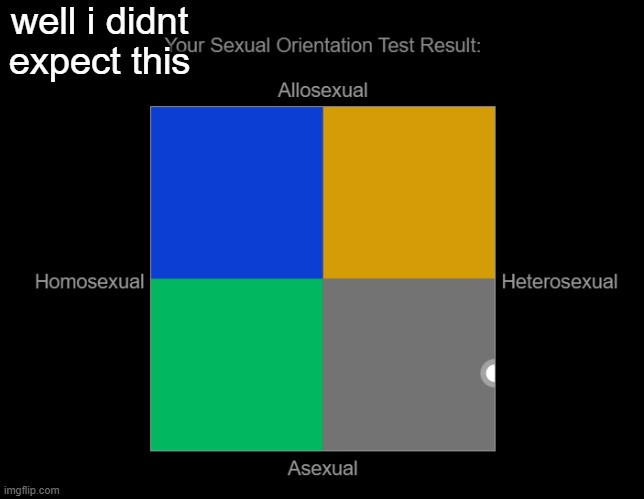 https://www.arealme.com/sexuality-orientation-test/en/ | well i didnt expect this | made w/ Imgflip meme maker