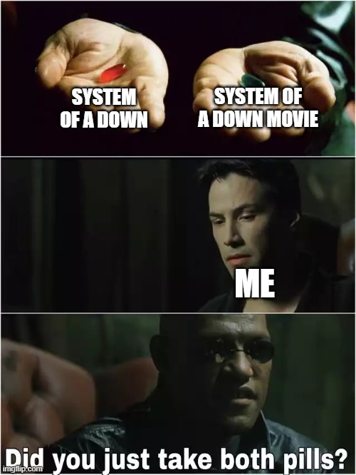 Did you just take both pills? | SYSTEM OF A DOWN SYSTEM OF A DOWN MOVIE ME | image tagged in did you just take both pills | made w/ Imgflip meme maker