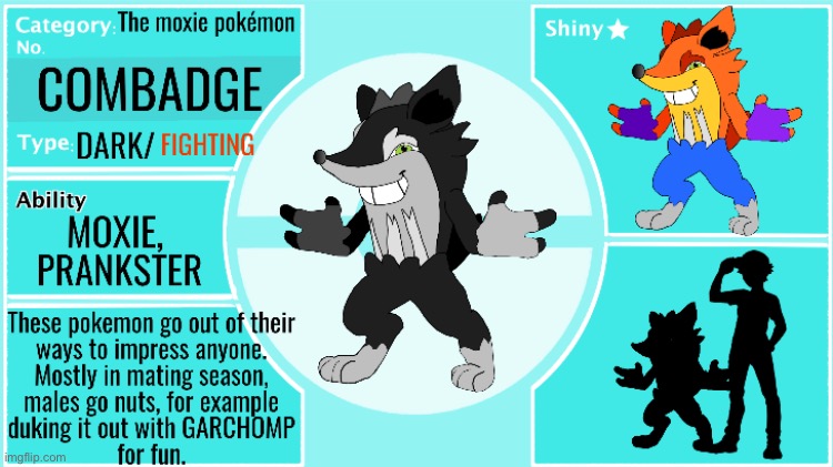 Made a badger Pokémon, and made the shiny crash bandicoot by accident lol | image tagged in pokemon | made w/ Imgflip meme maker