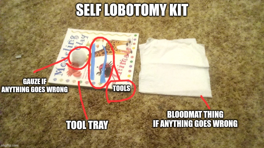 Wish me luck | SELF LOBOTOMY KIT; TOOLS; GAUZE IF ANYTHING GOES WRONG; BLOODMAT THING IF ANYTHING GOES WRONG; TOOL TRAY | made w/ Imgflip meme maker