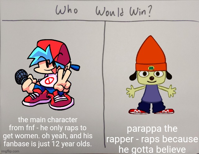 parappa is a better rapper | the main character from fnf - he only raps to get women. oh yeah, and his fanbase is just 12 year olds. parappa the rapper - raps because he gotta believe | image tagged in who would win | made w/ Imgflip meme maker