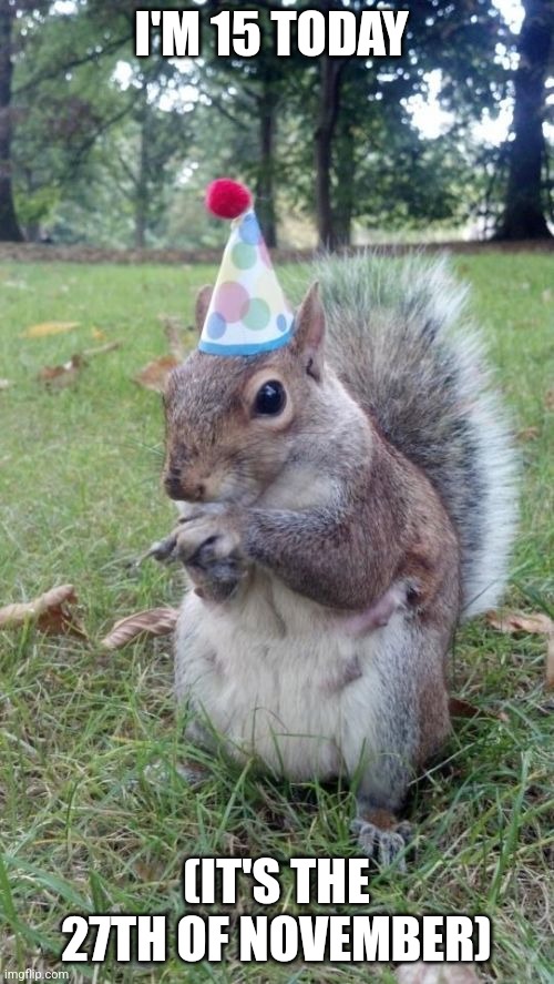 Super Birthday Squirrel Meme | I'M 15 TODAY; (IT'S THE 27TH OF NOVEMBER) | image tagged in memes,super birthday squirrel | made w/ Imgflip meme maker