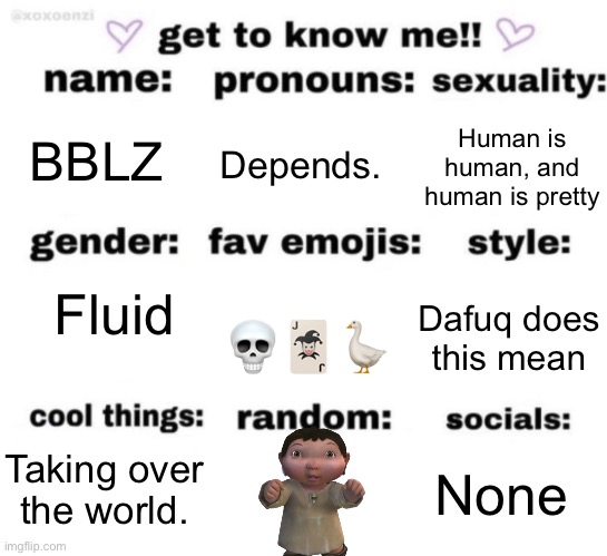 get to know me but better | BBLZ; Depends. Human is human, and human is pretty; Fluid; Dafuq does this mean; 💀🃏🪿; None; Taking over the world. | image tagged in get to know me but better | made w/ Imgflip meme maker