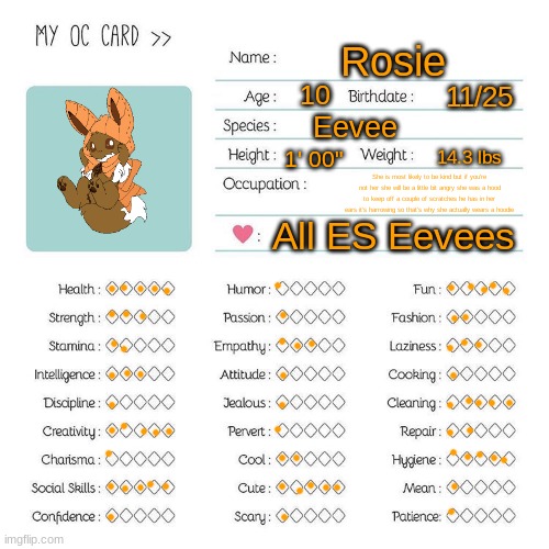 MAKING MY EEVEE´S INFORMATION CARD | Rosie; 10; 11/25; Eevee; 1' 00"; 14.3 lbs; She is most likely to be kind but if you're not her she will be a little bit angry she was a hood to keep off a couple of scratches he has in her ears it's harrowing so that's why she actually wears a hoodie; All ES Eevees | image tagged in oc card template | made w/ Imgflip meme maker