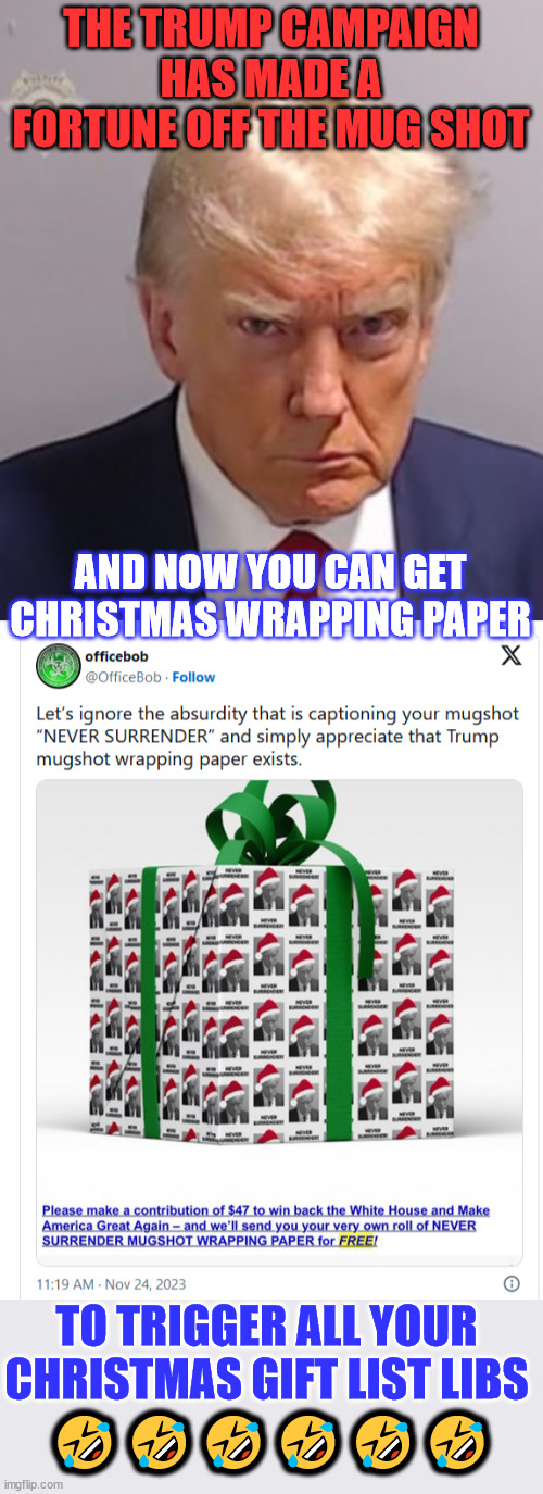 Donald Trump mugshot... the gift that keep on giving... | THE TRUMP CAMPAIGN HAS MADE A FORTUNE OFF THE MUG SHOT; AND NOW YOU CAN GET CHRISTMAS WRAPPING PAPER; TO TRIGGER ALL YOUR CHRISTMAS GIFT LIST LIBS; 🤣🤣🤣🤣🤣🤣 | image tagged in donald trump mugshot,super_triggered,liberals | made w/ Imgflip meme maker