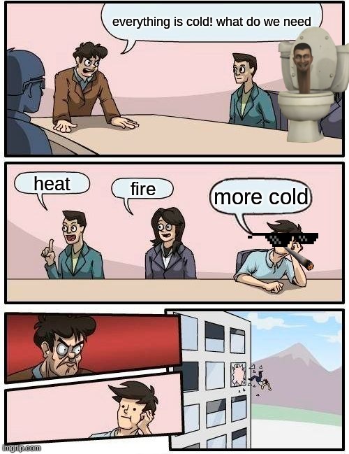 Boardroom Meeting Suggestion Meme | everything is cold! what do we need; heat; fire; more cold | image tagged in memes,boardroom meeting suggestion | made w/ Imgflip meme maker