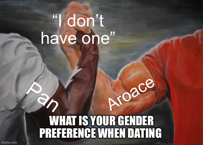 Epic Handshake Meme | “I don’t have one”; Aroace; Pan; WHAT IS YOUR GENDER PREFERENCE WHEN DATING | image tagged in memes,epic handshake | made w/ Imgflip meme maker