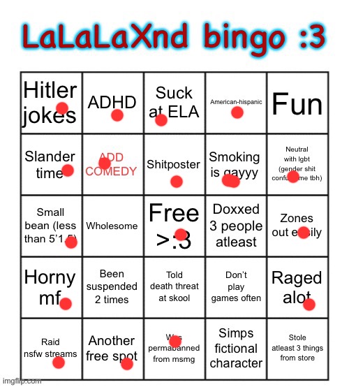 Dammnnn I got a lot of spots | image tagged in lalalaxnd bingo | made w/ Imgflip meme maker