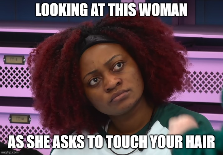 I Wish They Would | LOOKING AT THIS WOMAN; AS SHE ASKS TO TOUCH YOUR HAIR | image tagged in funny,squid game,black woman,confused | made w/ Imgflip meme maker