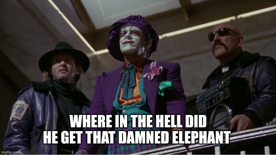 Joker Toys | WHERE IN THE HELL DID HE GET THAT DAMNED ELEPHANT | image tagged in joker toys | made w/ Imgflip meme maker