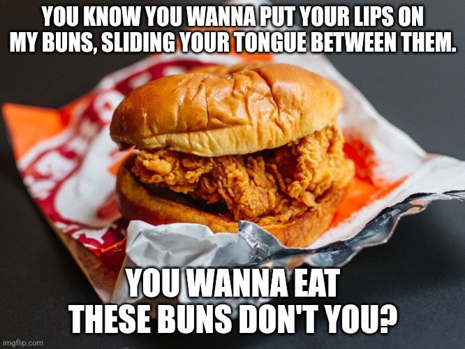 Cursed chicken sandwich | YOU KNOW YOU WANNA PUT YOUR LIPS ON MY BUNS, SLIDING YOUR TONGUE BETWEEN THEM. YOU WANNA EAT THESE BUNS DON'T YOU? | image tagged in popeyes chicken sandwich | made w/ Imgflip meme maker