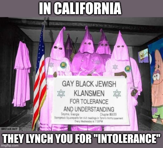 Gay KKK | IN CALIFORNIA; THEY LYNCH YOU FOR "INTOLERANCE" | image tagged in gay kkk | made w/ Imgflip meme maker