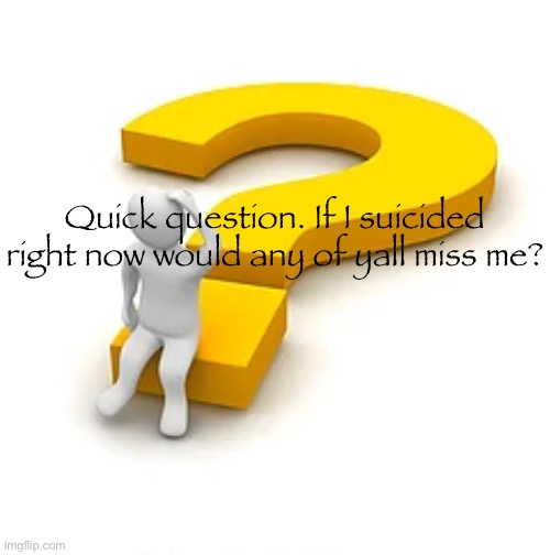 Man Sitting on Question Mark | Quick question. If I suicided right now would any of yall miss me? | image tagged in man sitting on question mark | made w/ Imgflip meme maker