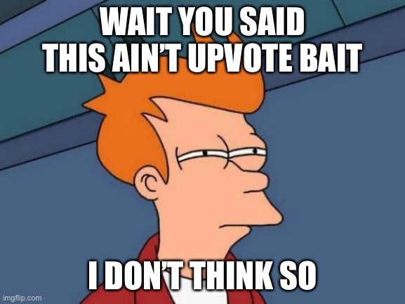 WAIT YOU SAID THIS AIN’T UPVOTE BAIT I DON’T THINK SO | image tagged in memes,futurama fry | made w/ Imgflip meme maker