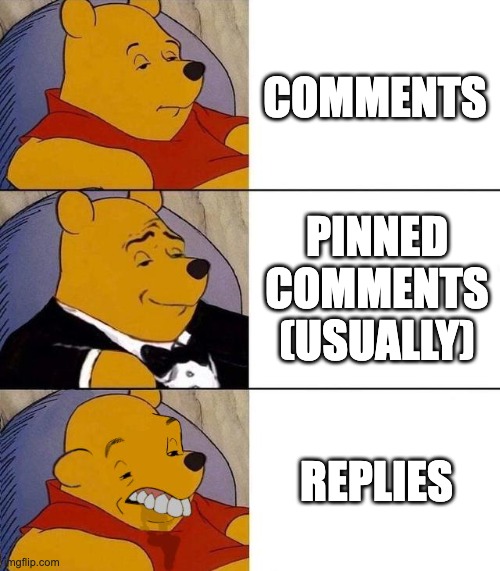 kinda true | COMMENTS; PINNED COMMENTS (USUALLY); REPLIES | image tagged in best better blurst,youtube,youtube comments | made w/ Imgflip meme maker