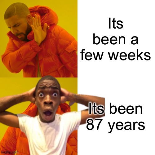 Its been a few weeks Its been 87 years | image tagged in memes,drake hotline bling | made w/ Imgflip meme maker