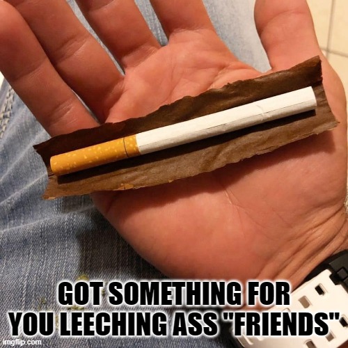 blunt for cheap friends.. | GOT SOMETHING FOR YOU LEECHING ASS "FRIENDS" | image tagged in cannabis,funny,joke,blunt | made w/ Imgflip meme maker