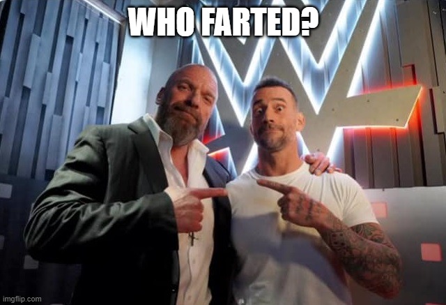 Well? | WHO FARTED? | image tagged in triple h cm punk pointing | made w/ Imgflip meme maker