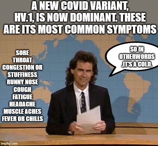WAKE up, | A NEW COVID VARIANT, HV.1, IS NOW DOMINANT. THESE ARE ITS MOST COMMON SYMPTOMS; SORE THROAT
CONGESTION OR STUFFINESS
RUNNY NOSE
COUGH
FATIGUE
HEADACHE
MUSCLE ACHES
FEVER OR CHILLS; SO IN OTHERWORDS ,IT'S A COLD. | image tagged in nwo,democrats,psychopaths and serial killers | made w/ Imgflip meme maker