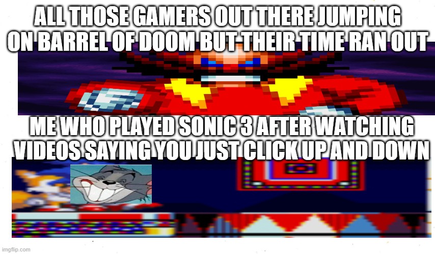 I finished the barrel of doom first try (no joke, i did) | ALL THOSE GAMERS OUT THERE JUMPING ON BARREL OF DOOM BUT THEIR TIME RAN OUT; ME WHO PLAYED SONIC 3 AFTER WATCHING VIDEOS SAYING YOU JUST CLICK UP AND DOWN | image tagged in memes | made w/ Imgflip meme maker