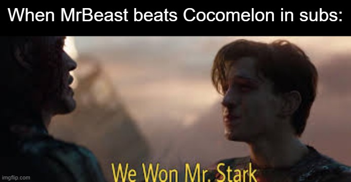 now to avenge pewds and beat t-series in subs | When MrBeast beats Cocomelon in subs: | image tagged in we won mr stark,mrbeast,cocomelon,pewdiepie,t-series,youtube | made w/ Imgflip meme maker