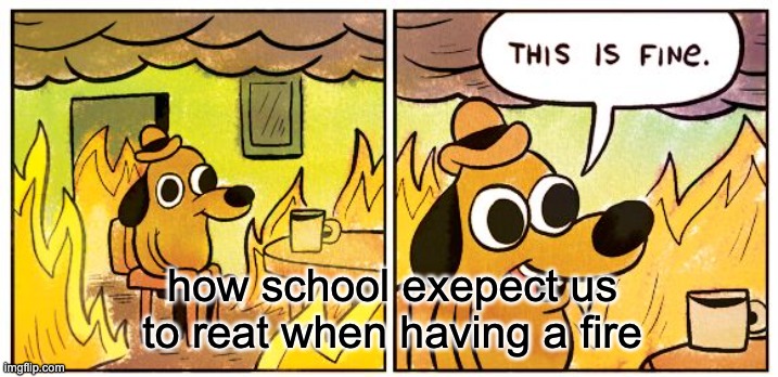 This Is Fine | how school exepect us to reat when having a fire | image tagged in memes,this is fine | made w/ Imgflip meme maker