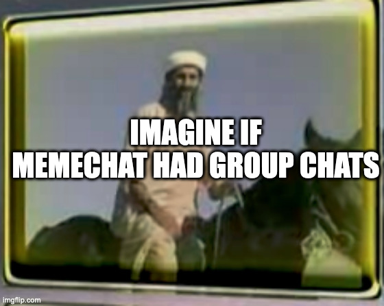 W | IMAGINE IF MEMECHAT HAD GROUP CHATS | image tagged in osama on horse | made w/ Imgflip meme maker