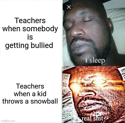 This may not apply to every school but it does apply to the school I went to | Teachers when somebody is getting bullied; Teachers when a kid throws a snowball | image tagged in memes,sleeping shaq | made w/ Imgflip meme maker