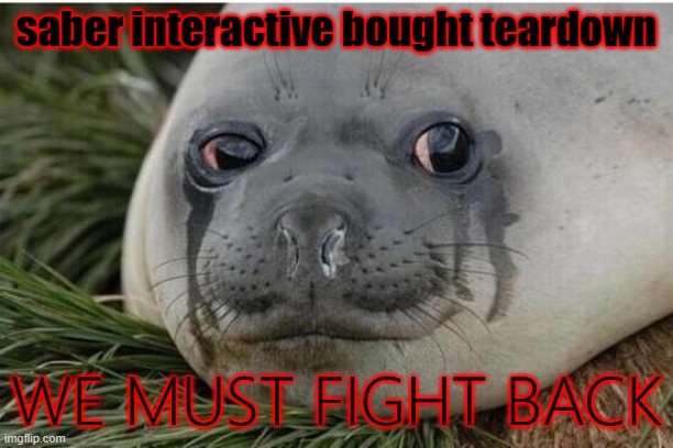 Crying Seal | saber interactive bought teardown; WE MUST FIGHT BACK | image tagged in crying seal | made w/ Imgflip meme maker