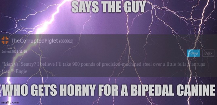 Says the guy who gets horny for a bipedal canine | image tagged in says the guy who gets horny for a bipedal canine | made w/ Imgflip meme maker
