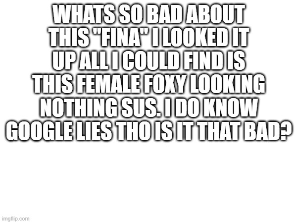 Question | WHATS SO BAD ABOUT THIS "FINA" I LOOKED IT UP ALL I COULD FIND IS THIS FEMALE FOXY LOOKING NOTHING SUS. I DO KNOW GOOGLE LIES THO IS IT THAT BAD? | made w/ Imgflip meme maker