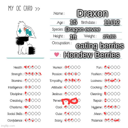 Oc card template | Draxon; 15; 11/12; Dragon eevee; 1ft; 27LBS; eating berries; Hondew Berries | image tagged in oc card template | made w/ Imgflip meme maker