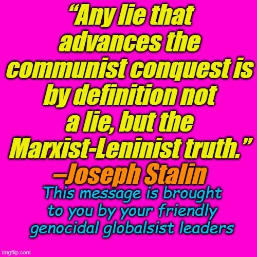 In order to meet the requirements for Public Service Messages... | “Any lie that advances the communist conquest is by definition not a lie, but the Marxist-Leninist truth.”; –Joseph Stalin; This message is brought to you by your friendly genocidal globalsist leaders | image tagged in blank hot pink background | made w/ Imgflip meme maker