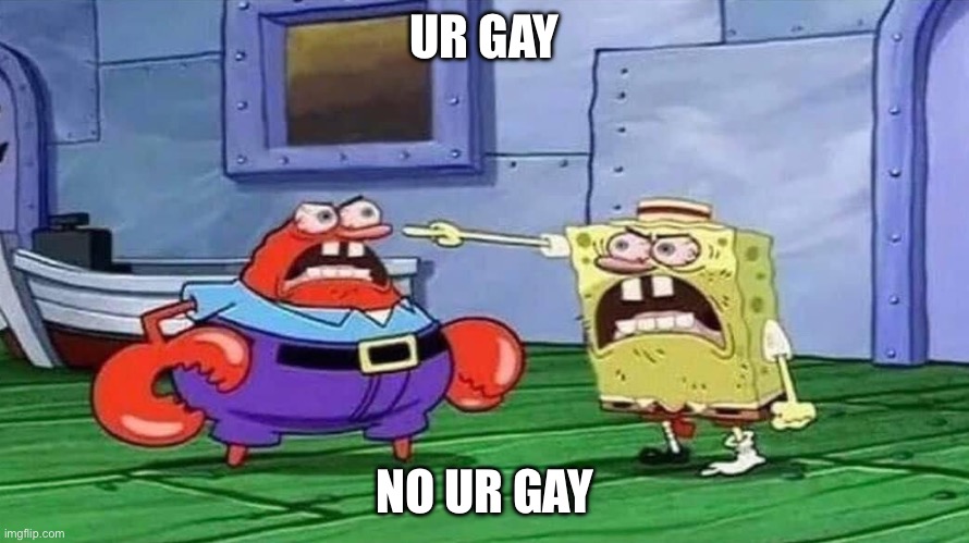 Angy | UR GAY; NO UR GAY | image tagged in spongebob angry | made w/ Imgflip meme maker