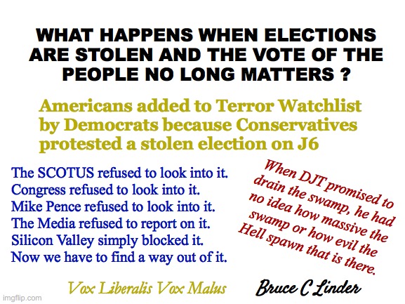 Vox Liberalis, Vox Mali | WHAT HAPPENS WHEN ELECTIONS
ARE STOLEN AND THE VOTE OF THE
PEOPLE NO LONG MATTERS ? Americans added to Terror Watchlist
by Democrats because Conservatives
protested a stolen election on J6; The SCOTUS refused to look into it.
Congress refused to look into it.
Mike Pence refused to look into it.
The Media refused to report on it.
Silicon Valley simply blocked it.
Now we have to find a way out of it. When DJT promised to
drain the swamp, he had
no idea how massive the
swamp or how evil the
Hell spawn that is there. Vox Liberalis Vox Malus; Bruce C Linder | image tagged in vox liberalis,vox malus,swamp,djt | made w/ Imgflip meme maker
