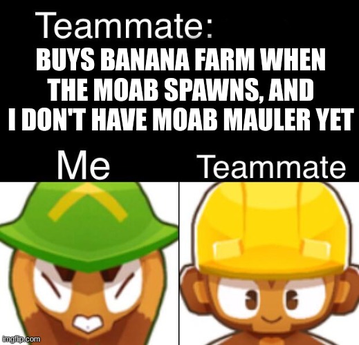 player 3 | BUYS BANANA FARM WHEN THE MOAB SPAWNS, AND I DON'T HAVE MOAB MAULER YET | image tagged in bloons td 6 teammate | made w/ Imgflip meme maker