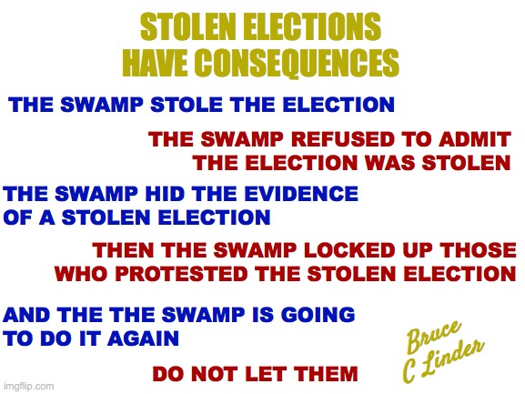 Stolen Elections Have Consequences | STOLEN ELECTIONS
HAVE CONSEQUENCES; THE SWAMP STOLE THE ELECTION; THE SWAMP REFUSED TO ADMIT
THE ELECTION WAS STOLEN; THE SWAMP HID THE EVIDENCE
OF A STOLEN ELECTION; THEN THE SWAMP LOCKED UP THOSE
WHO PROTESTED THE STOLEN ELECTION; AND THE THE SWAMP IS GOING
TO DO IT AGAIN; Bruce
C Linder; DO NOT LET THEM | image tagged in stolen elections,consequences,evil empowerment,the swamp,the media,silicon valley | made w/ Imgflip meme maker