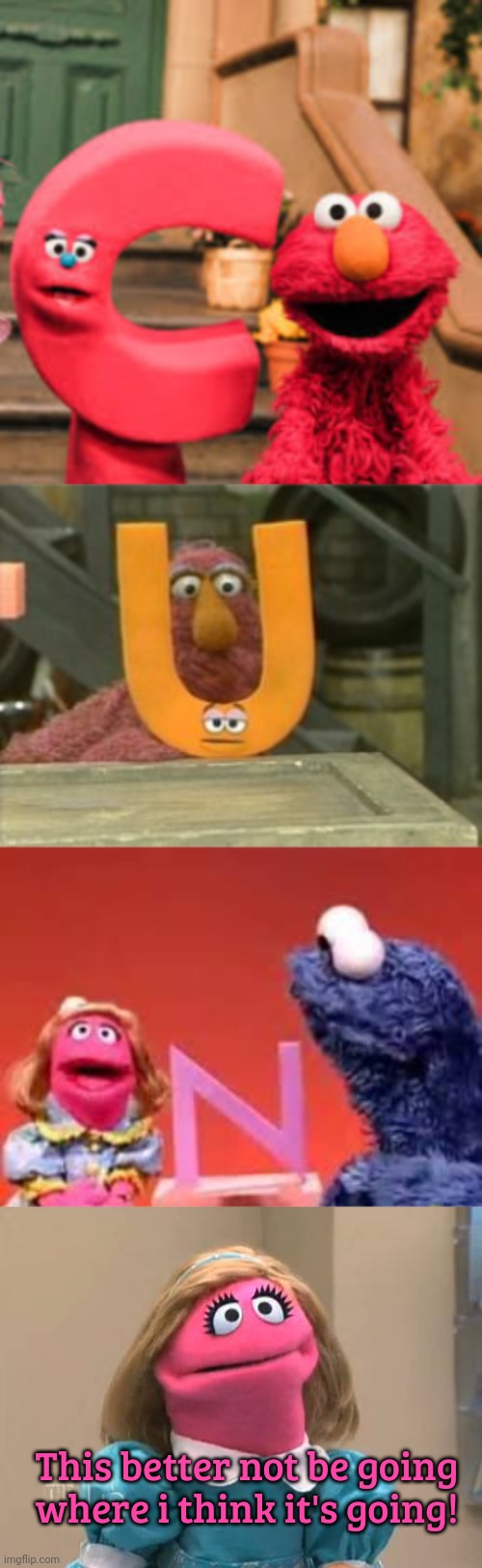 Sesame street lost episodes | This better not be going where i think it's going! | image tagged in stop it get some help,bad words,swear jar,prairie dawn,sesame street | made w/ Imgflip meme maker