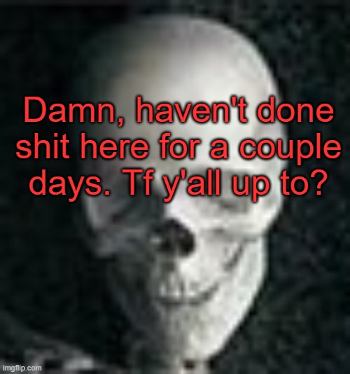 . | Damn, haven't done shit here for a couple days. Tf y'all up to? | image tagged in skull | made w/ Imgflip meme maker