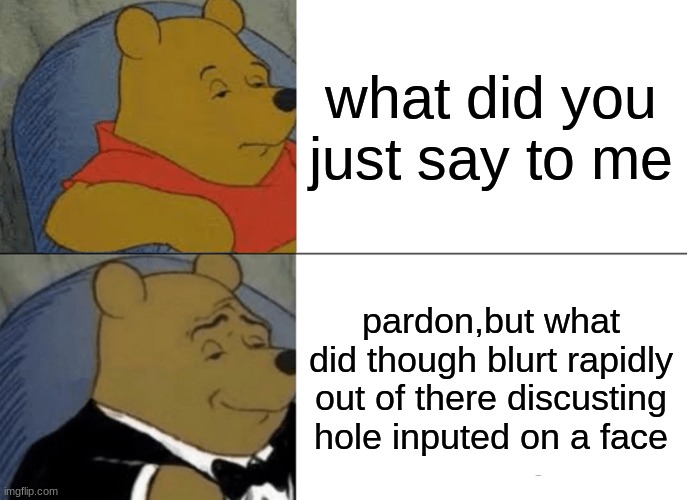 Tuxedo Winnie The Pooh | what did you just say to me; pardon,but what did though blurt rapidly out of there disgusting hole imputed on a face | image tagged in memes,tuxedo winnie the pooh | made w/ Imgflip meme maker