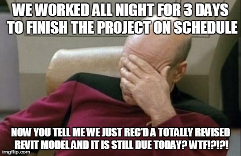 Captain Picard Facepalm | WE WORKED ALL NIGHT FOR 3 DAYS TO FINISH THE PROJECT ON SCHEDULE NOW YOU TELL ME WE JUST REC'D A TOTALLY REVISED REVIT MODEL AND IT IS STILL | image tagged in memes,captain picard facepalm | made w/ Imgflip meme maker