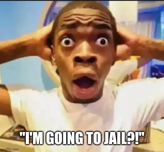 Surprised Black Guy | "I'M GOING TO JAIL?!" | image tagged in surprised black guy | made w/ Imgflip meme maker