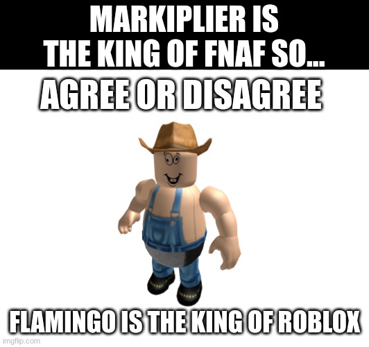 ? | MARKIPLIER IS THE KING OF FNAF SO... AGREE OR DISAGREE; FLAMINGO IS THE KING OF ROBLOX | image tagged in agree or disagree | made w/ Imgflip meme maker