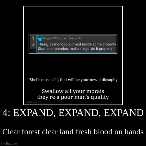 4: EXPAND, EXPAND, EXPAND | Clear forest clear land fresh blood on hands | image tagged in funny,demotivationals | made w/ Imgflip demotivational maker