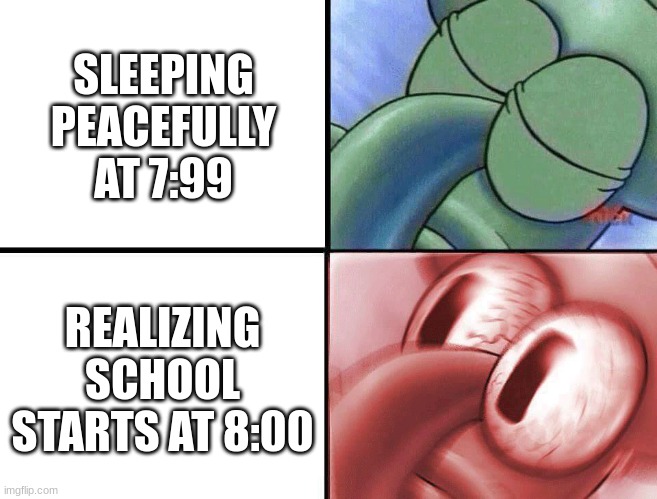 btw its a joke | SLEEPING PEACEFULLY AT 7:99; REALIZING SCHOOL STARTS AT 8:00 | image tagged in sleeping squidward | made w/ Imgflip meme maker
