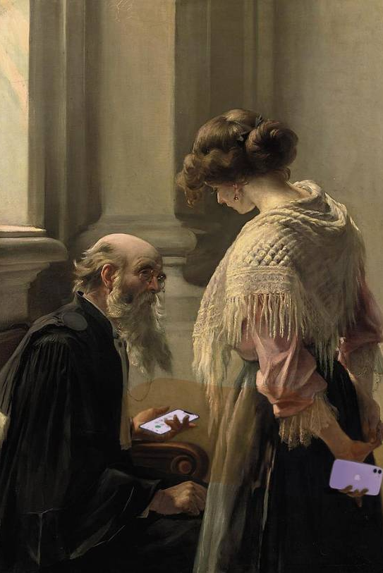 CLASSICAL ART WITH CELL PHONES, MAN & WOMAN Blank Meme Template