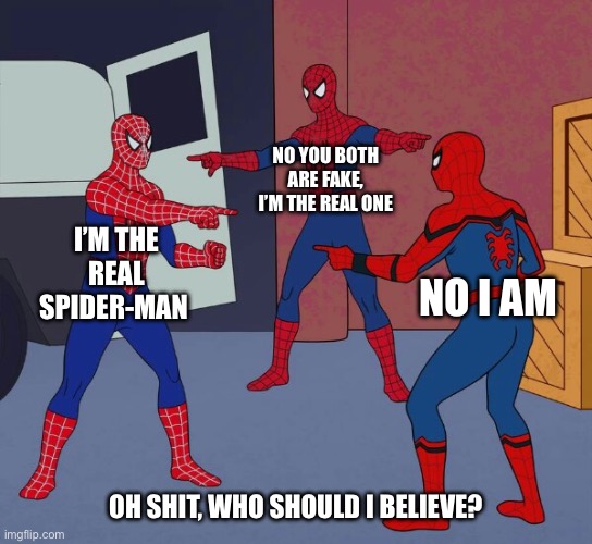 Who is the real one?(Modnote: This is not the ai meme stream) | NO YOU BOTH ARE FAKE, I’M THE REAL ONE; I’M THE REAL SPIDER-MAN; NO I AM; OH SHIT, WHO SHOULD I BELIEVE? | image tagged in spider man triple | made w/ Imgflip meme maker