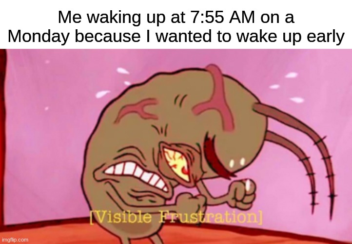ju[0gr9 get rwfioj | Me waking up at 7:55 AM on a Monday because I wanted to wake up early | image tagged in visible frustration hd,memes,school,wake up,not funny | made w/ Imgflip meme maker