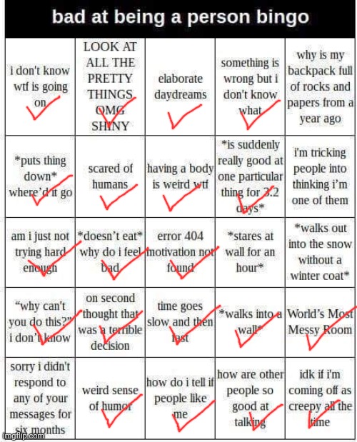 bad at being a person bingo | image tagged in bad at being a person bingo | made w/ Imgflip meme maker